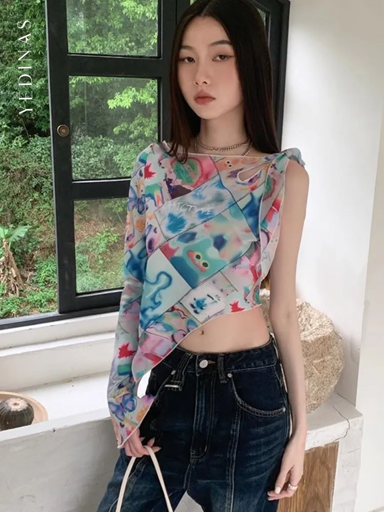 Yedinas Vintage Chiffon T Shirt Women Irregual Mesh Crop Tops Y2k Retro Tee Tops Streetwear Summer Tshirts 2000s Japanese Tees