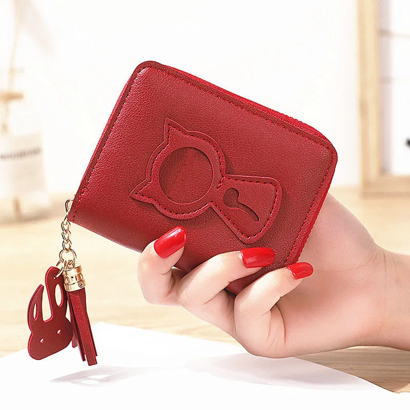 Korean Cute Cat Print Wallet Women Short Wallet  Zipper Card Bag Clutch Bag Coin Purse Credit Card Holder with Tassel Pendant