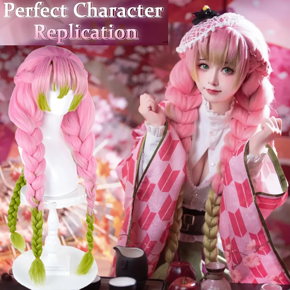 Kanroji Mitsuri Cosplay Wig Love Hashira Pink Green Gradient Long Braided Synthetic Wig Pre Plucked For Anime Expo Comic Con