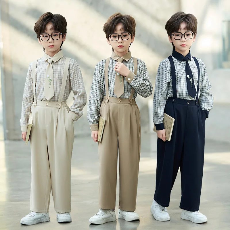 Boys Gentleman Formal Suit School Kids Plaid Shirt Tie Suspender Pants Set Children Wedding Birthday Party Performance Outfits