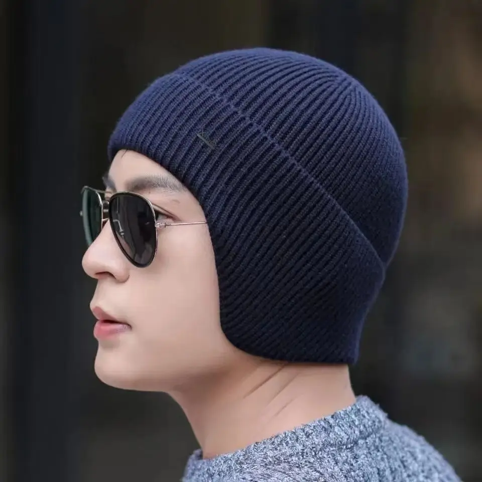 Hat Men's winter warm thickened knitted wool hat Outdoor cycling ear protection pullover hat No fleece bag head