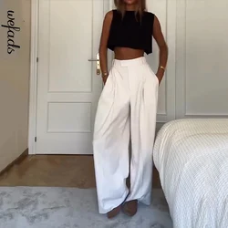 Wefads 2 Piece Set Summer Women Casual Round Neck Solid Sleeveless High Waist Pullover Tank Top Loose Wide Legs Pants Sets