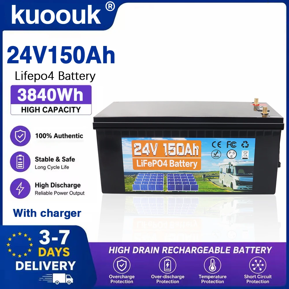 12V 24V 150Ah 100Ah 200Ah 350Ah LiFePO4 Lithium-Eisenphosphat-Batterie mit integriertem BMS für Wohnmobile, Golfwagen und Solarspeicher, EU-Lager