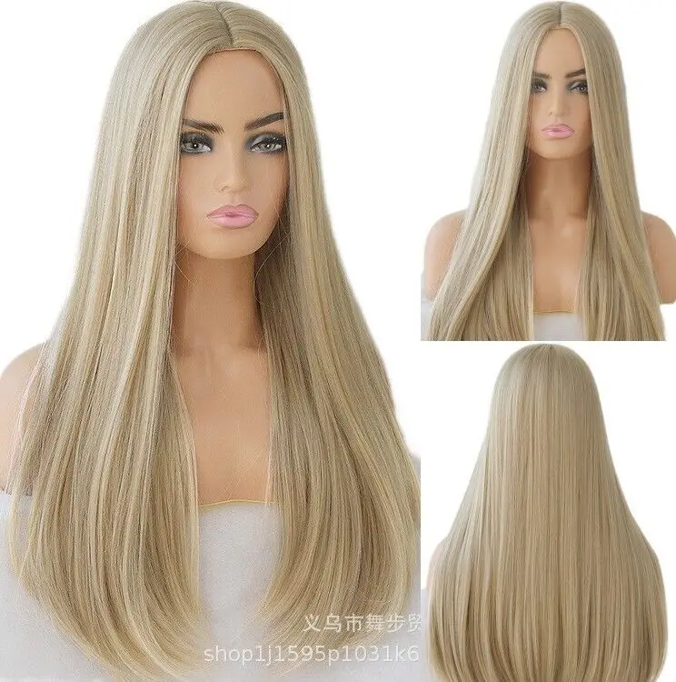 Dress Up Wigs Blonde Soft Women Long Straight Heat Resistant Hair