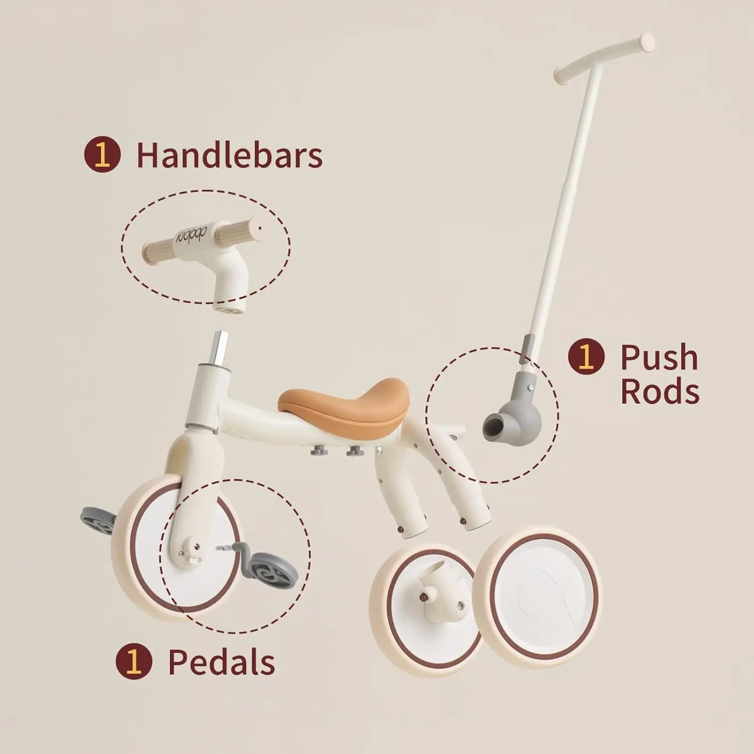 Pony 4-in-1 driewieler voor kinderen, kinderwagen met handvat, duwfiets voor peuters, 1-3 onderscheiding, loopfiets, beste cadeau voor peuters