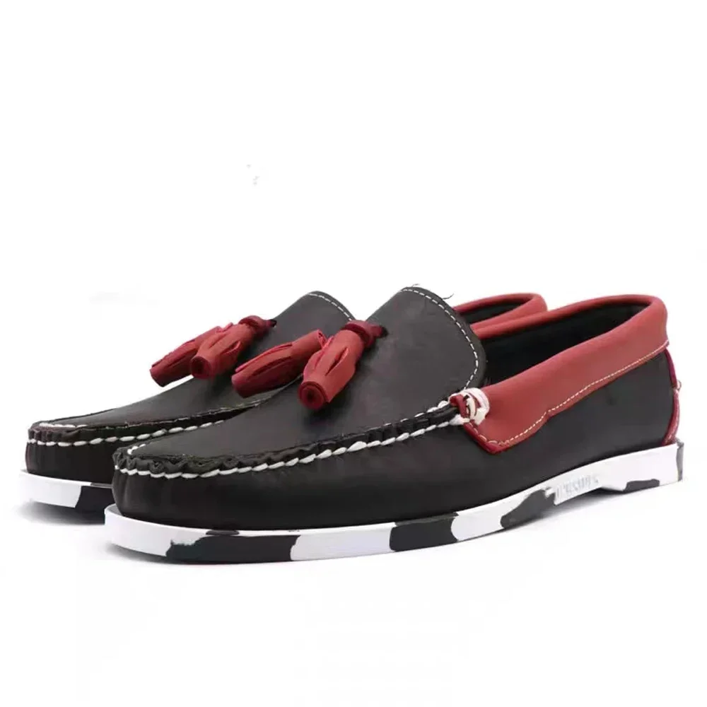 Men\'s Genuine Leather Driving Shoes Docksides Classic Boat Shoes Fashion Design Flats Loafers For Men Women Tassels Wine Red