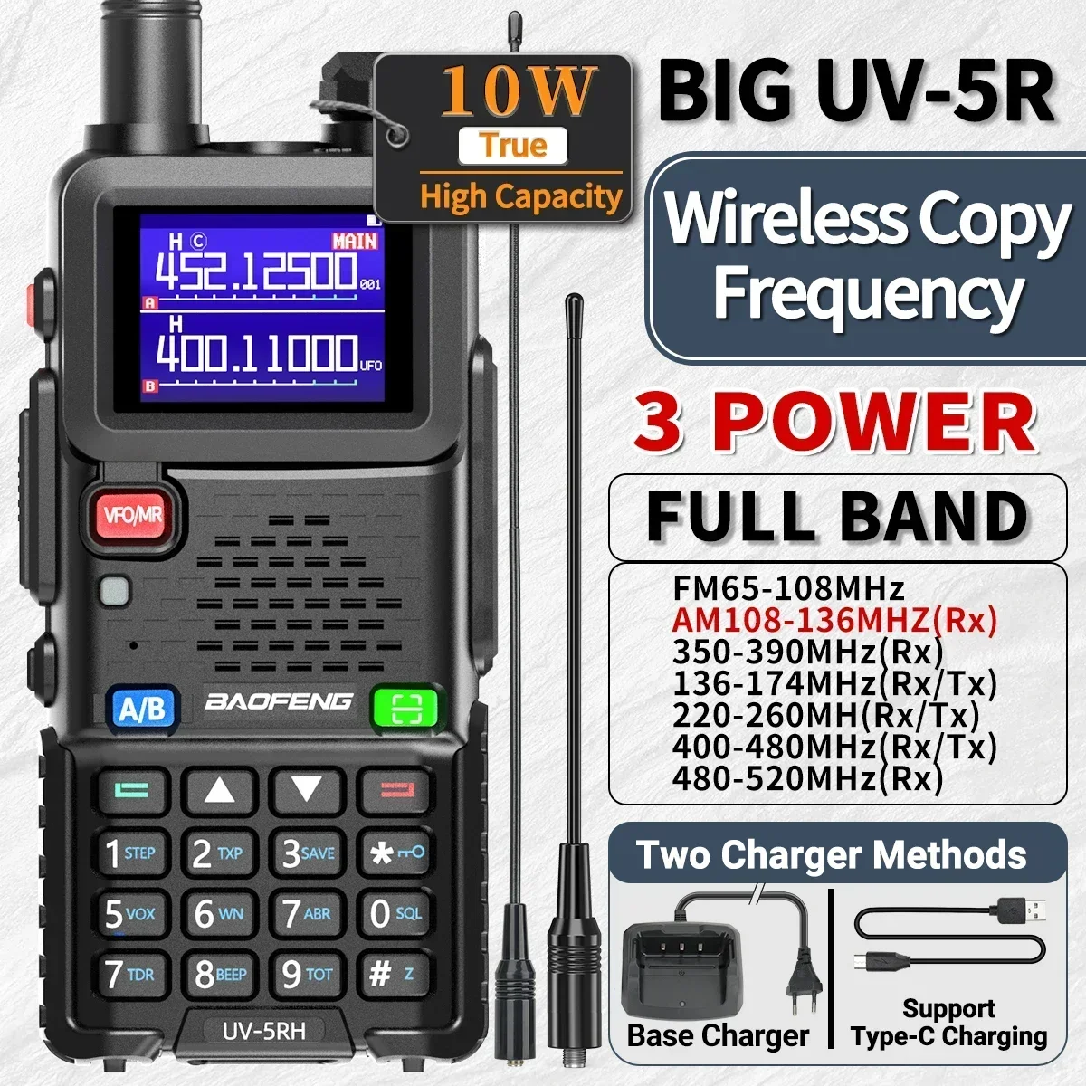 Baofeng UV-5RH 10W Air Band Walkie Talkie Wirless Copy Frequency 999CH Tri-power Type-C USB Long Range UV-5R Ham Two Way Radio