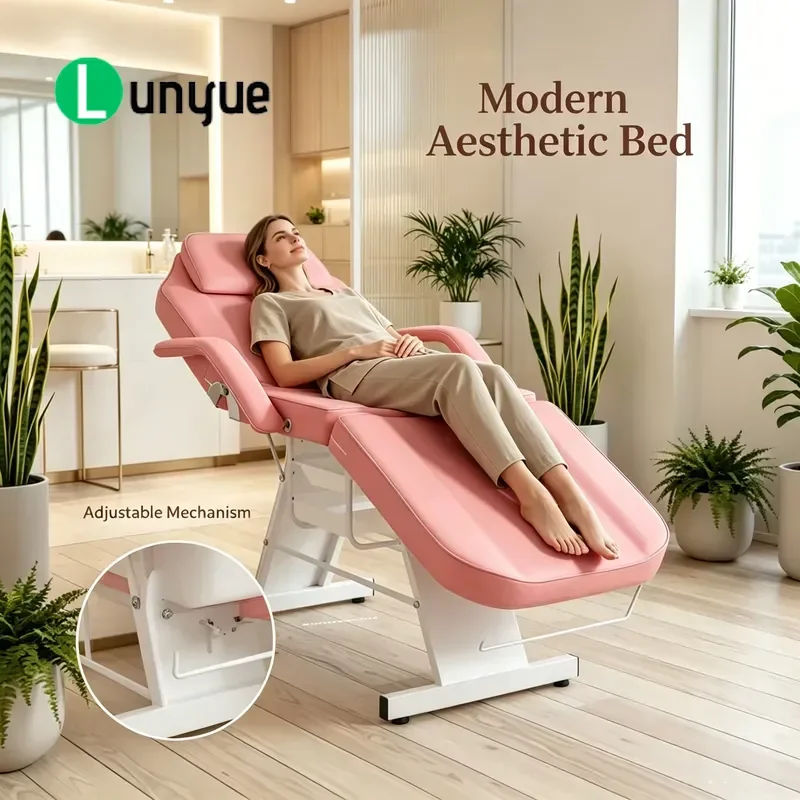 Professional Pink Hydraulic Reclining Massage Bed Chrome Base PVC Leather Beauty Furniture with Storage Drawers Modern