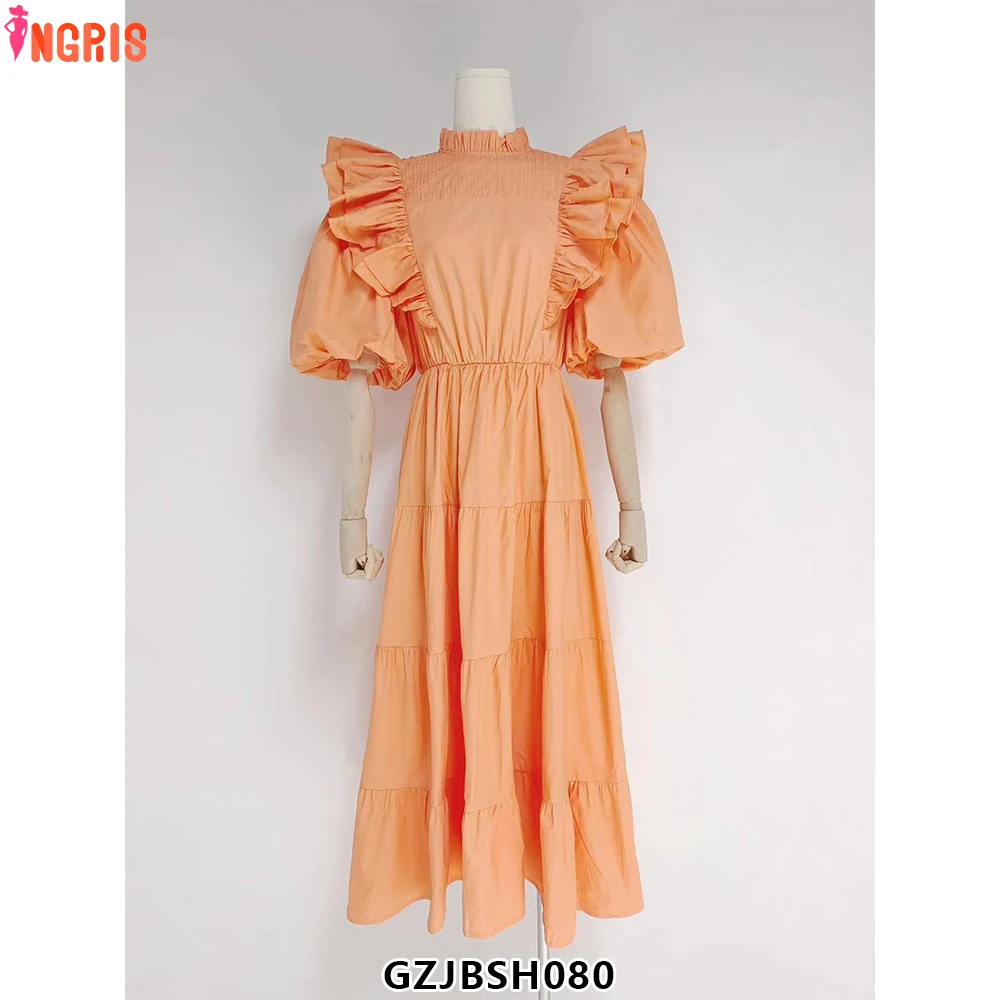 Vestidos femininos mangas curtas puff plissado design sem colarinho casual midi vestido bolsos laterais verão em camadas Dress-GZJBSH080