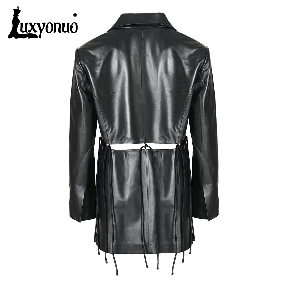 Luxyonuo-Chaqueta de cuero auténtico para mujer, abrigo de piel auténtica con diseño desmontable, a la moda, para primavera y otoño, novedad de 2023