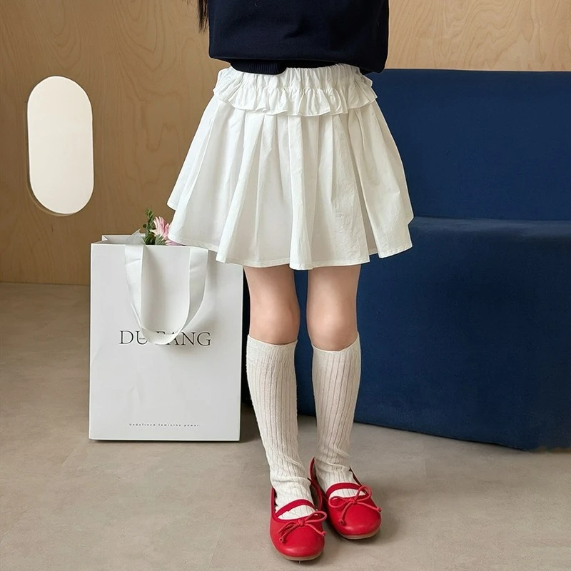 Girls Unique‑Design Pleated Short Princess Skirt 2026 Summer Sweet Spliced Ruffle Half Skirt Black & White 2‑Color Options