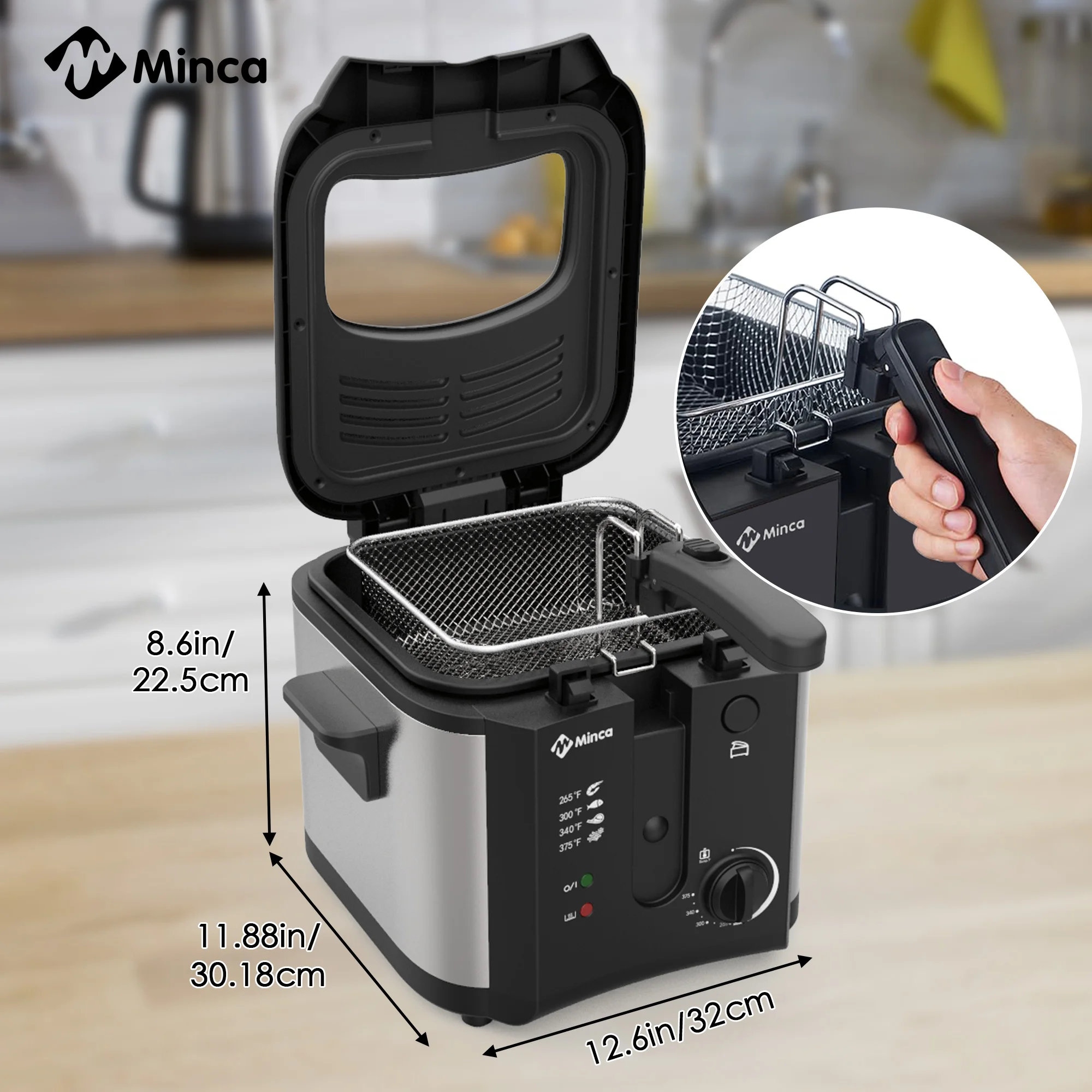 مقلاة م مينكا 2.5 لتر | 1500 واط غير لاصق، درجة الحرارة Ctrl | فصل الغطاء/فلتر الرائحة | سلة قابلة للطي/غير قابلة للانزلاق | سهلة التنظيف ومناسبة للعائلات الصغيرة