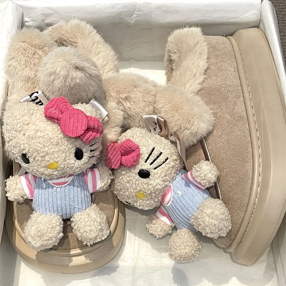 2024 New Hello Kitty Doll Snow Boots Cartoon Winter Thick Bottom Anti Slip Girlish Heart Keep Warm Cotton Shoes Kawaii Girl Gift