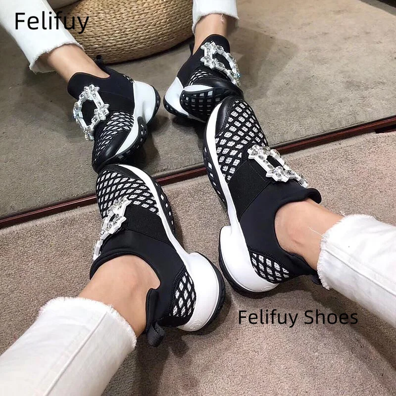 

New Platform Sneakers Crystal Buckle Air Mesh Designer Trainers Thick Bottom Chunky Women's Sneakers Vulcanized Casual Shoes
