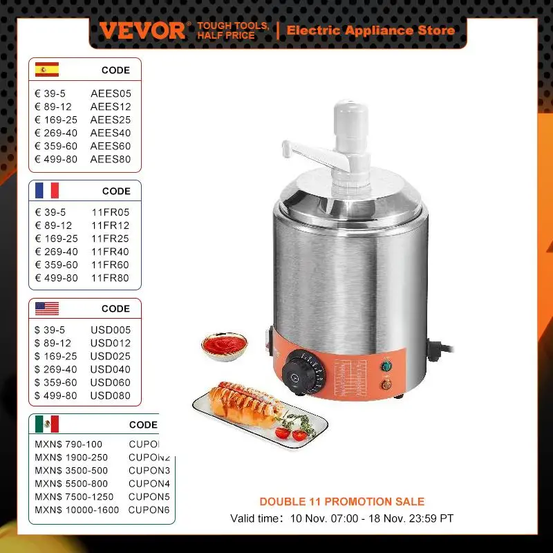 VEVOR Electric Cheese Dispenser with Pump 2.3 Qt Commercial Hot Fudge Warmer 86-230℉ Temp Adjustable Nacho Cheese Sauce Warmer