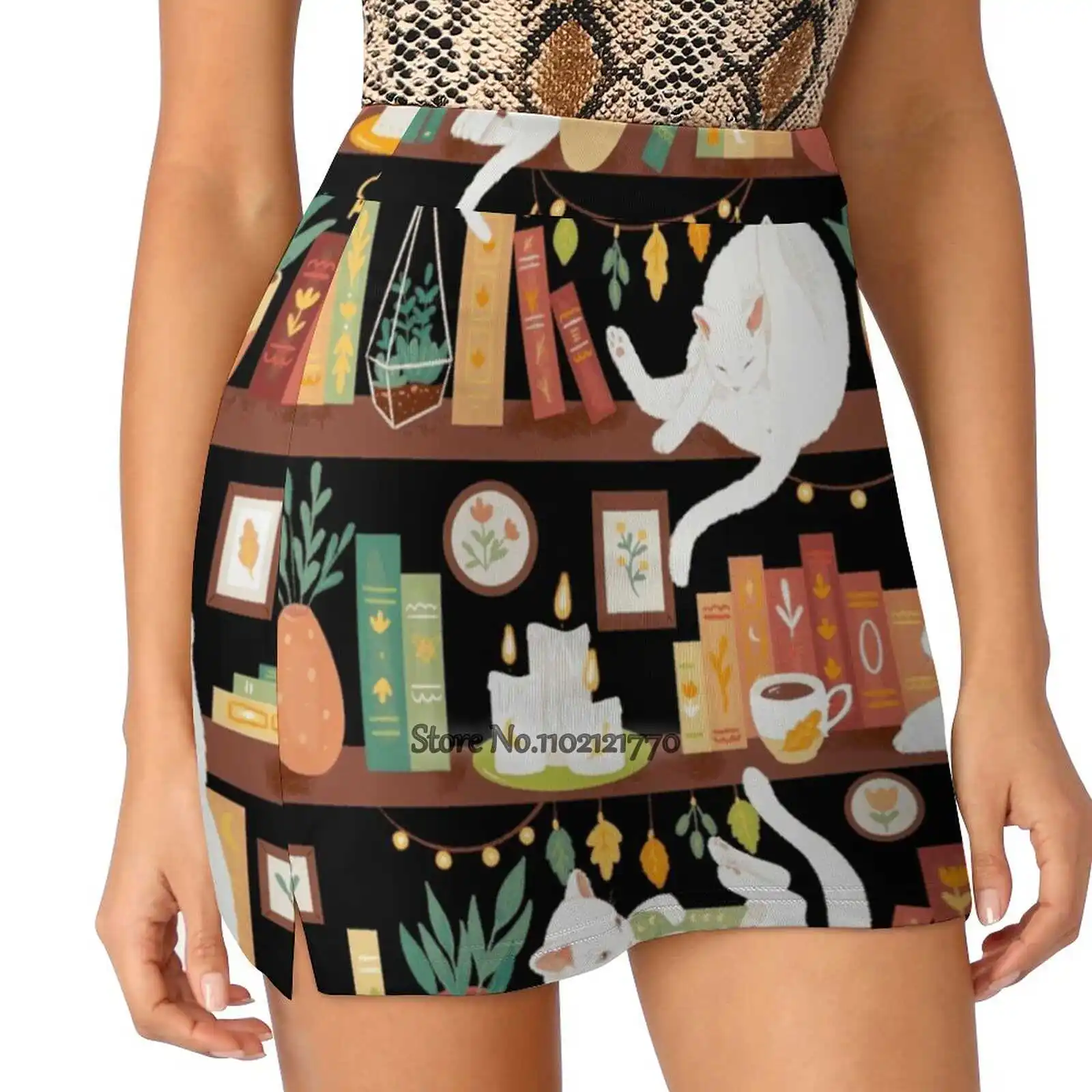 Library Cats 2020 - Night Women'S Summer Fake Two Piece Skirts Casual Sports Beach Skirt Girl Skorts Animal Black Book