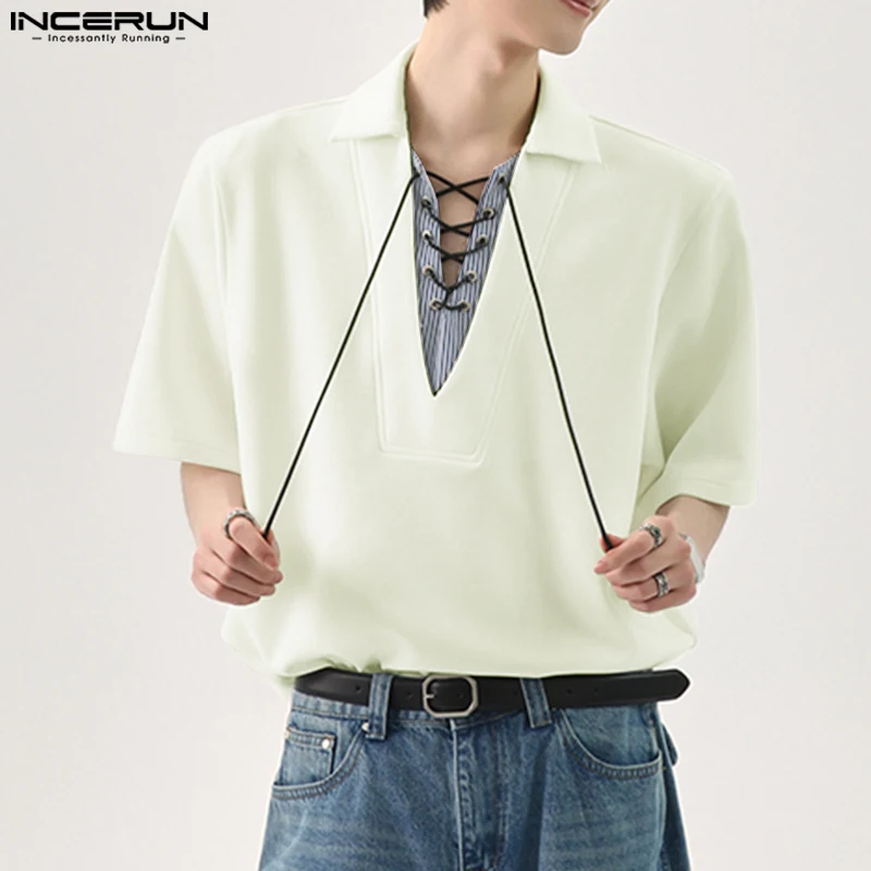 

Men Shirt Patchwork Lapel Short Sleeve Lace Up Men Clothing Summer 2025 Loose Korean Style Fashion Male Tops INCERUN Streetwear