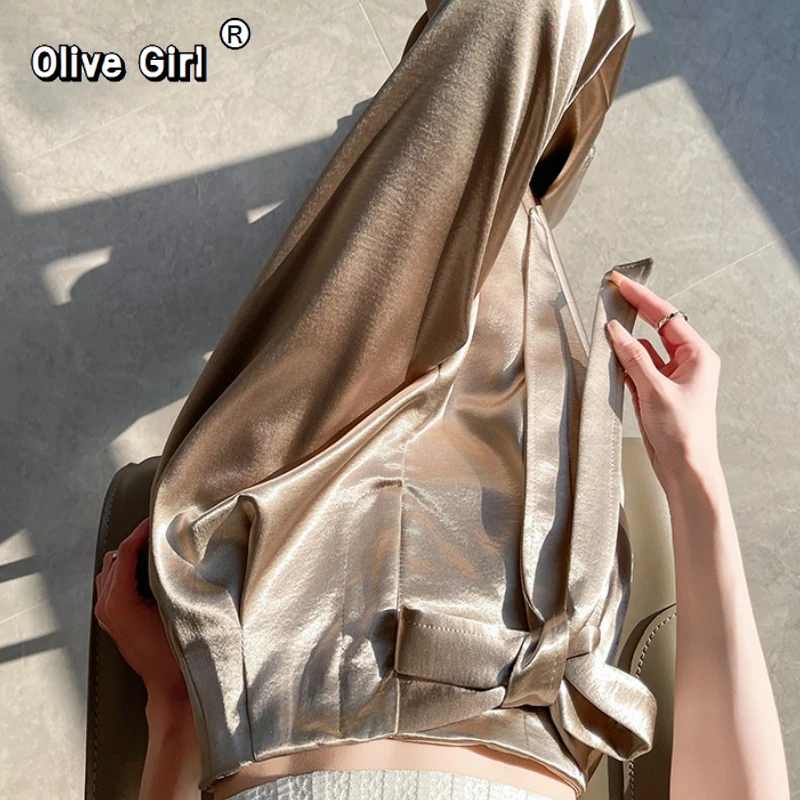 بنطلون نسائي عالي الخصر أنيق من الساتان واسع الساق كامل الطول سروال وشاحات 2026 برباط عالي الخصر بنطلون فضفاض غير رسمي أنثى #5