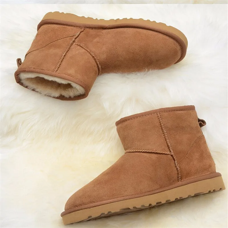 2025 Leather Fur Snow Boots Women Shoes Ultra Mini Winter Flat Platform Shoes Ladies  Warm Winter Ankle Boots