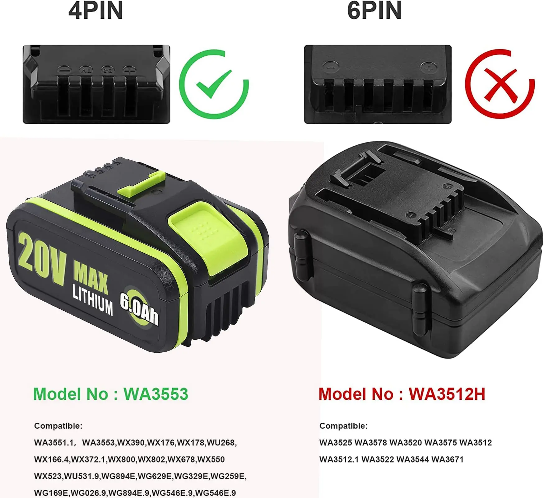 replacement battery WA3553/WA3551 for Worx 20V battery power tools WA3551 WA3572 WA3553 WX390 WA3551 WX176 WX178 WU268 WX16 6.4