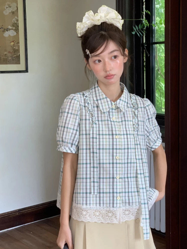 

Retro Jiang Jam Women's irt with Lace Trim And Bell Sves Loose Fit Polyester Cotton Viscose Blend ort Sve Button up