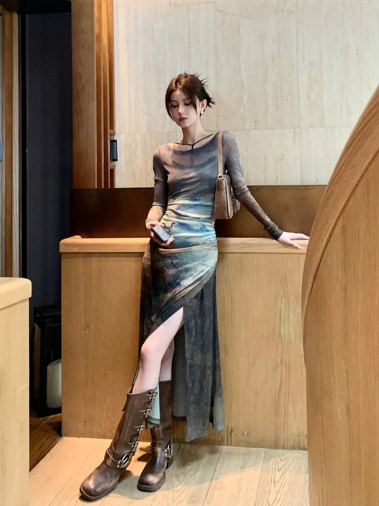 2025, neues Herbstkleid mit Premium-Print, künstlerisches Aquarell-Neckholder-Maxi-Kleid mit Schlitz, modisches Herrenhaus-Vintage-Kleid mit durchsichtigem zweiteiligem Set