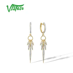 VISTOSO Pure 14K 585 Yellow Gold Loop Earrings For Women Sparkling Diamond Long Geometric Wedding Anniversary Fine Jewelry