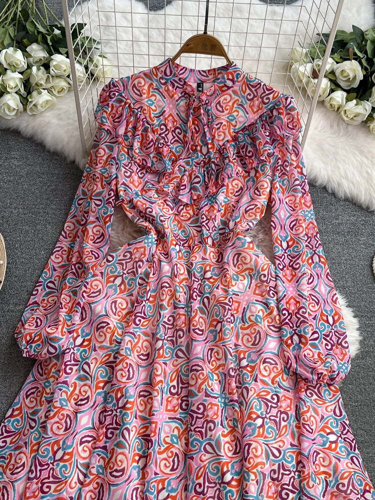 Summer Long Boho Dress for Women Elegant Wave Cut Female Vacation Traf Stand Collar Full Sleeve Ruffle Holiday Beach New In 2024