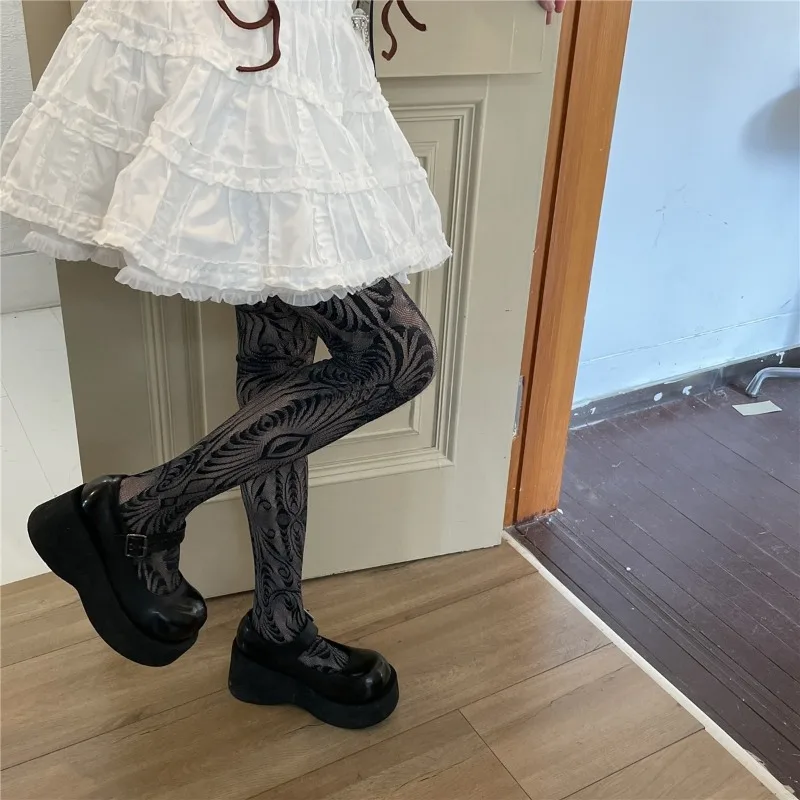 ロリータ風スイートガールズパンクスタイル花柄タイツ カラフルな太もも丈ストッキング ランジェリー レディースセクシー ホローアウトメッシュフィッシュネットパンティストッキング