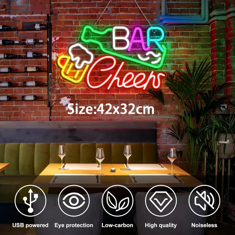 Bar Cheers Neon Sign Led Lights Home Bars Wall Light Up Sign Room Decoration For Birthday Party Pub Club Shop Dimmable USB Lamp