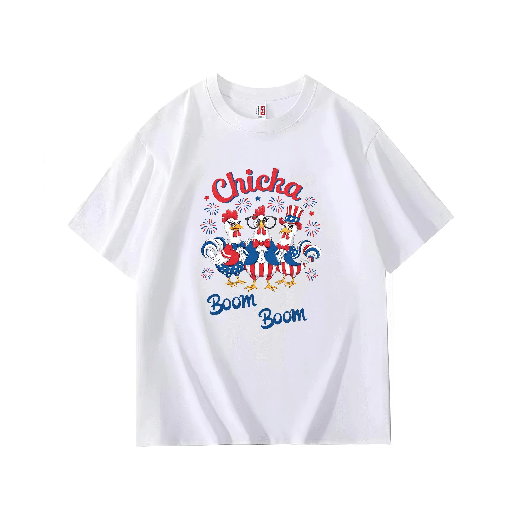 Retro Chicka Boom Boom 4th of July T-Shirt, Funny Patriotic USA Chicken Graphic Tee, Casual Summer Short Sleeve Tops for Men