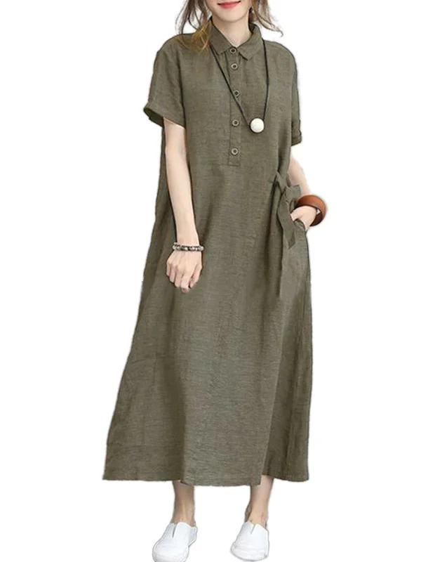 Casual Cotton Linen Short Sleeve Dress Women Summer Fashion Loose Shirt Style mid Length A-Line Skirt High Waist Breathable