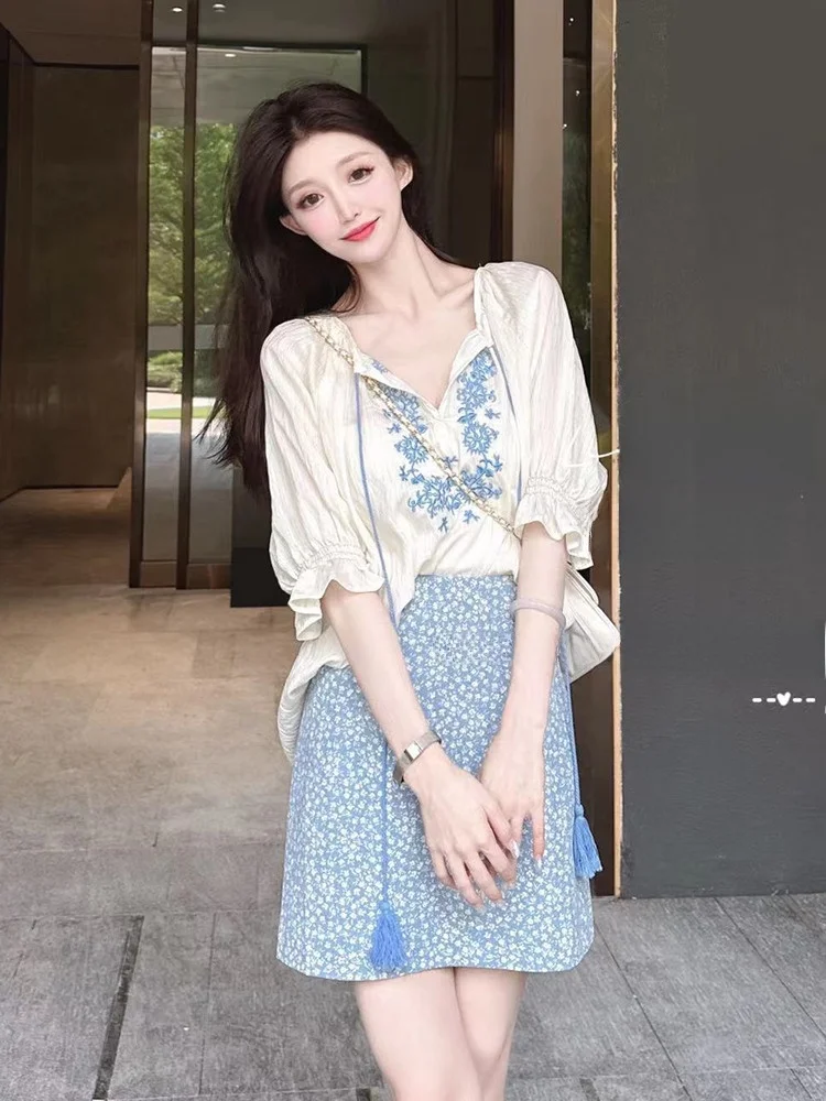 

New Chinese Zen Sle Women's Embroidered irt Skirt Set Floral Print Cold Tone ort Sve V Ne Two Piece Faion Outfit