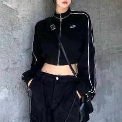 HOUZHOU Grunge Zip Up Hoodie Streetwear Women Korean Fashion Casual Slim Sweatshirts Striped Black Long Sleeve Cropped Hoodie