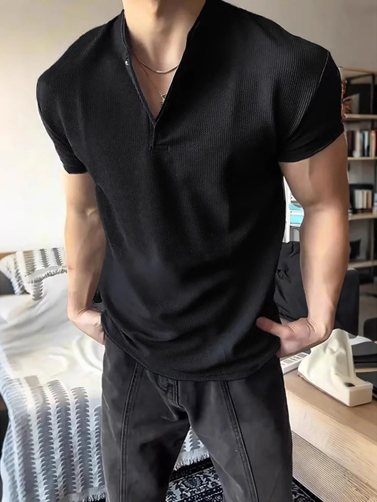 American Style Black Short Sleeve Shirt Henry Collar Fitness Clothes High End Waffle Grid Sports T-Shirt Breathable Quic...