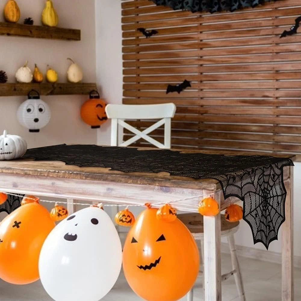 Halloween-Tischdecke, Spinnennetz-Tischläufer aus schwarzer Spitze für Halloween-Dekoration/Party-Dinner-Tischdekoration, 45 x 183 cm – Detail 5
