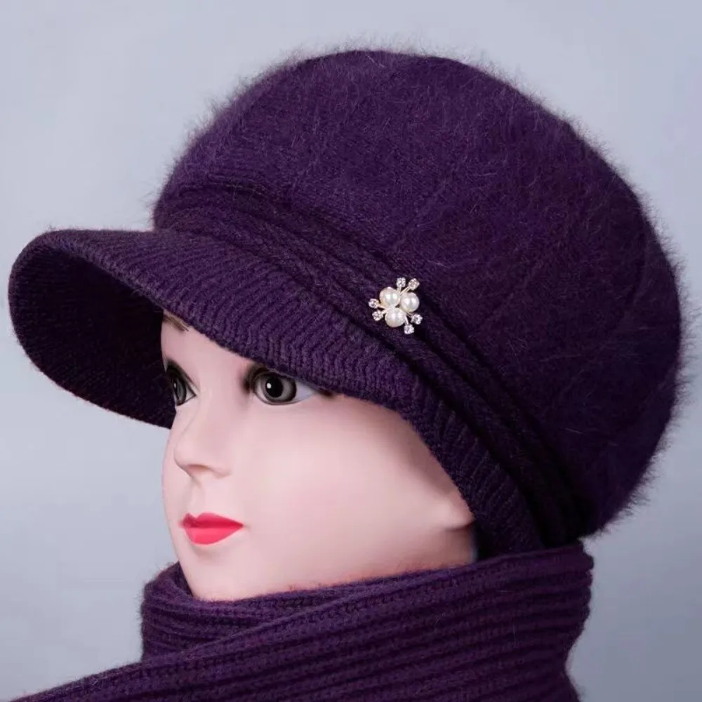 Thick Liner Knitted Cap Short Brim Design Pearl Brooch Decor Elderly Ladies Hat Rabbit Fuzz Fabric Multi Color