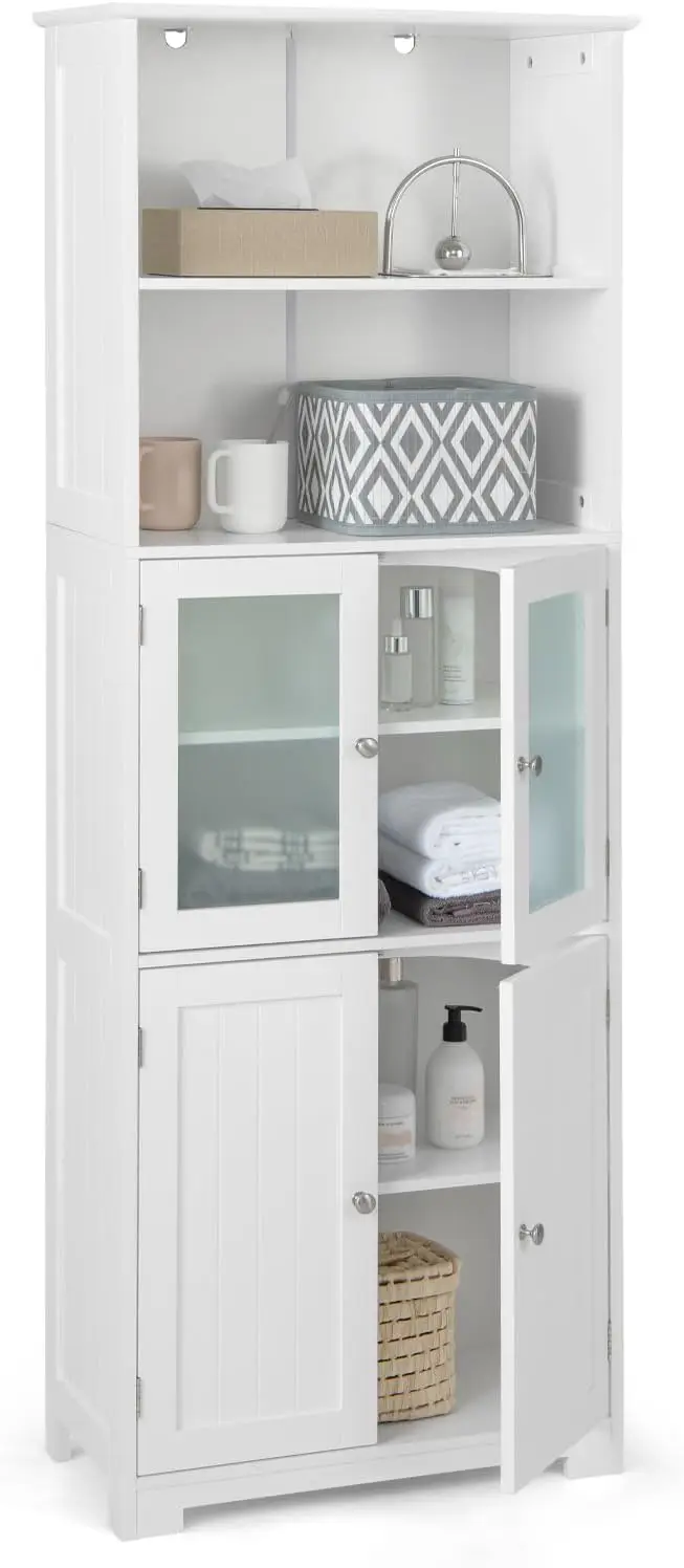 **/Freestanding Bathroom Storage Cabinet, Kitchen Pantry Cupboard With Glass Doors, Open Storage Shelves & 3-level Adjustab