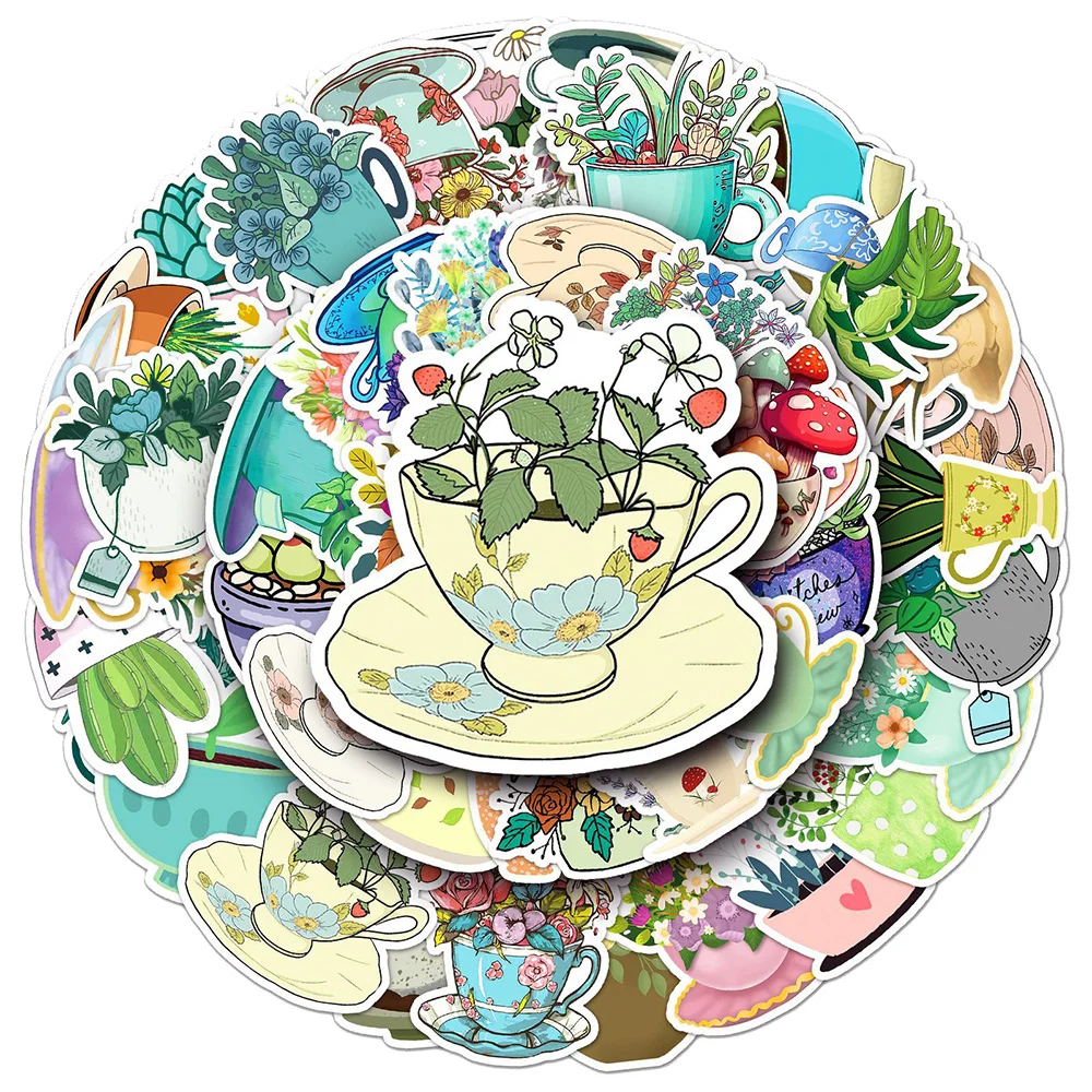10/30/50 Stück Teetassen-Pflanzen-Cartoon-Graffiti-Aufkleber Kawaii Blumen Wasserdichte Aufkleber DIY Wasserflasche Handyhülle Tagebuch-Deko
