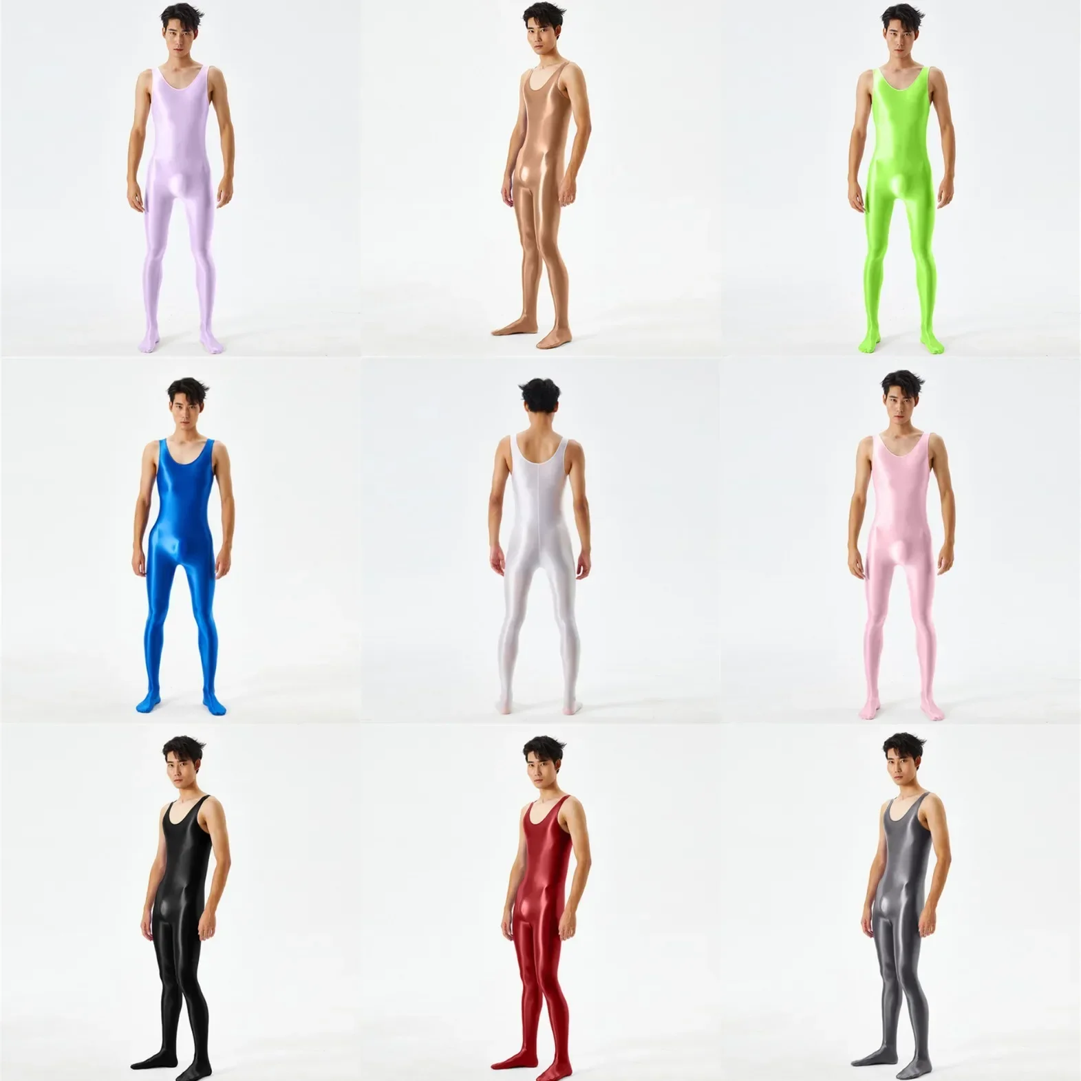 Plus-size Oily Luster Silky Jumpsuits for Men and Women with High Elastic Open Gear Free Sexy Transparent Breathable Tight