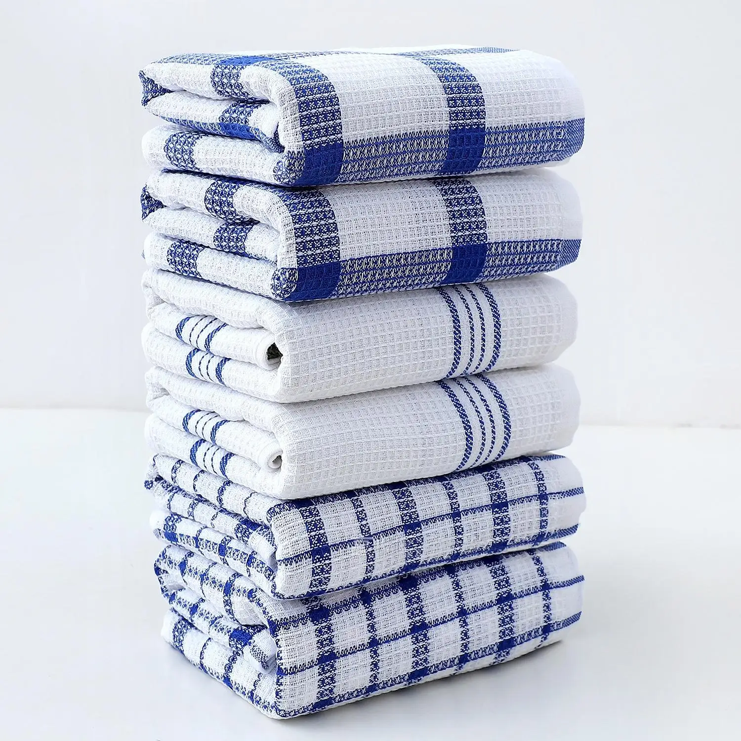 Organic cotton waffle-pattern kitchen dishcloths - highly absorbent, quick-drying, lint-free, 15 x 25 inches, 6-piece set (4 nav