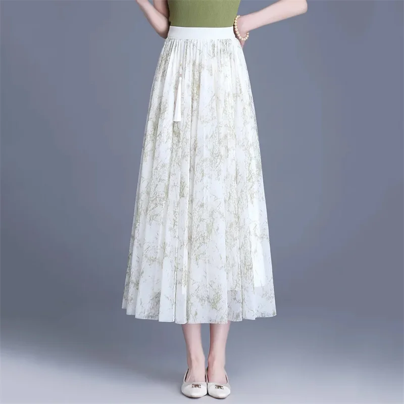 

2024 New Summer Chinese style Printed Chiffon Wrap Skirt For Women Clothing Elegant Elastic High Waisted Slim Floral Skirts