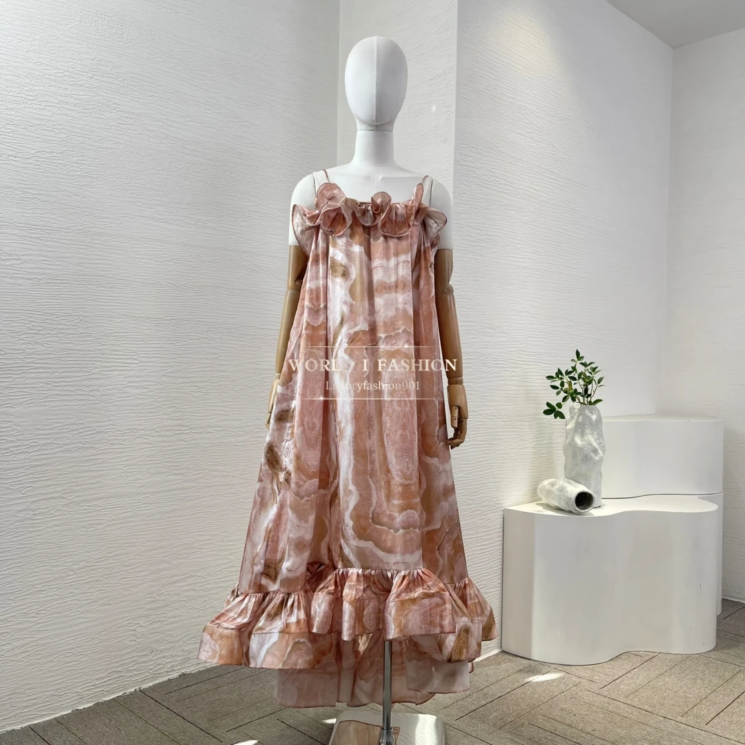 

2025 New High Quality Orange Pink Off The Shoulder Floral Print Sleeveless Ruffles Backless Tube Maxi Womens Dresses