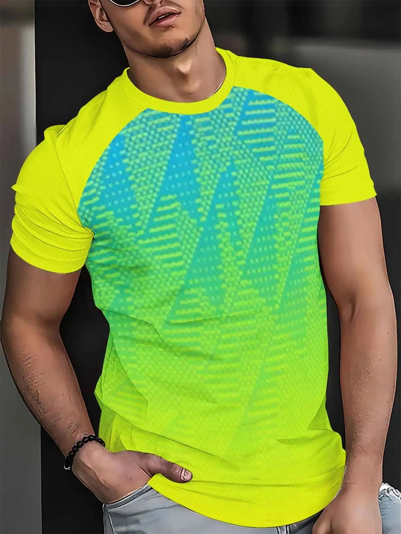 Men's T‑Shirt Fluorescent Yellow Cyan Gradient Dot Stripe Raglan Sleeve Sport Training Short Sleeve Top