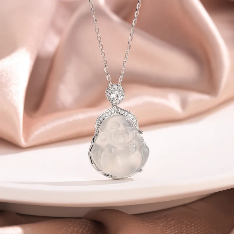 s925Women's Sterling Silver Natural Chalcedony Necklace New Chinese Style National Fashion Retro Buddha Pendant Special-Interest