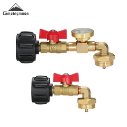 CAMPINGMOON Outdoor Camping Propane Bottle Inflation Joint with Ball Valve Pressure Gauge Brass Gas Cylinder QCC1 Adapter