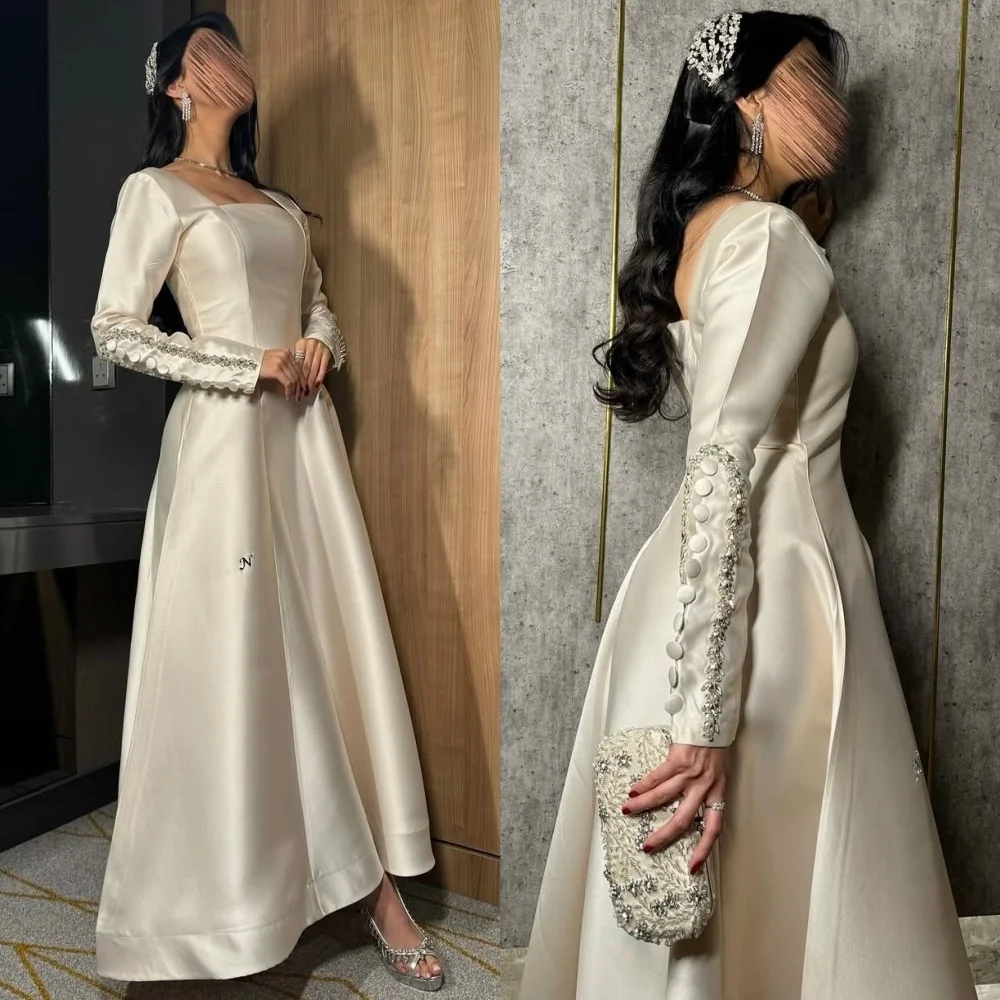 

Customized Sizes Available Charmeuse Sequined Pleat A-line Square Neck Long Dresses Bespoke Occasion Classic