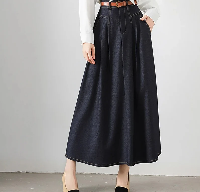 

Vintage High Waist Denim Women's Umbrella Skirts 2025 New Spring Summer Solid Casual Loose A-line Long Skirts Female