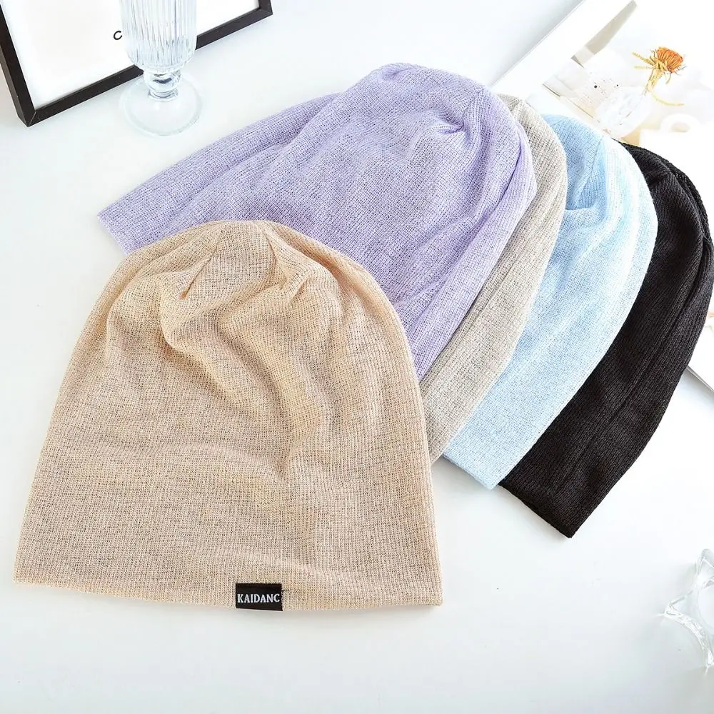 

Polyester Thin Breathable Pullover Hat Soft Windproof Knitted Outdoor Baggy Skullcaps Knitted Solid Color Fashionable Baotou Hat