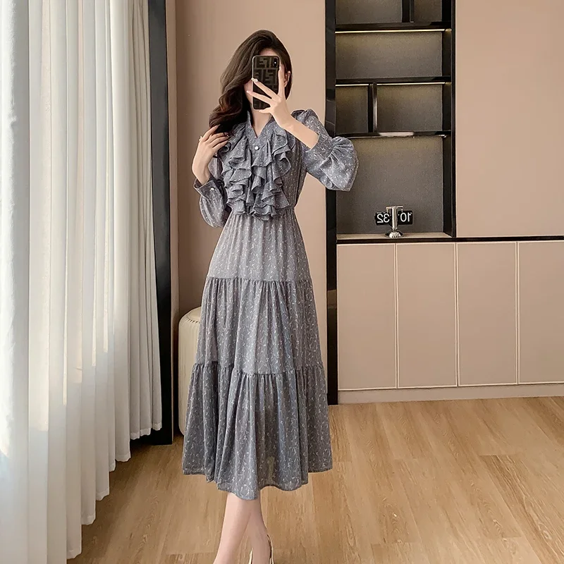 Prints Women Dresses 2024 New Elasticized Waist Ruffled Long Sleeves Fashion Summer Sexy Women's Dresses Korean Clothing Sales